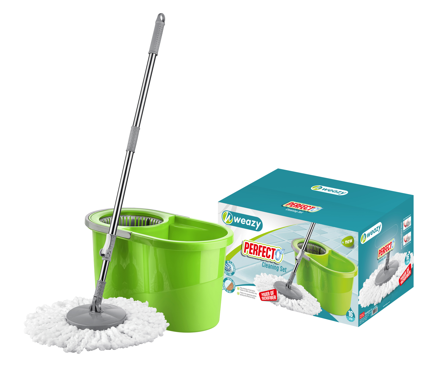 Perfecto Kit De Nettoyage Avec Frange, Large Seau 16 Litres À Essorage Automatique